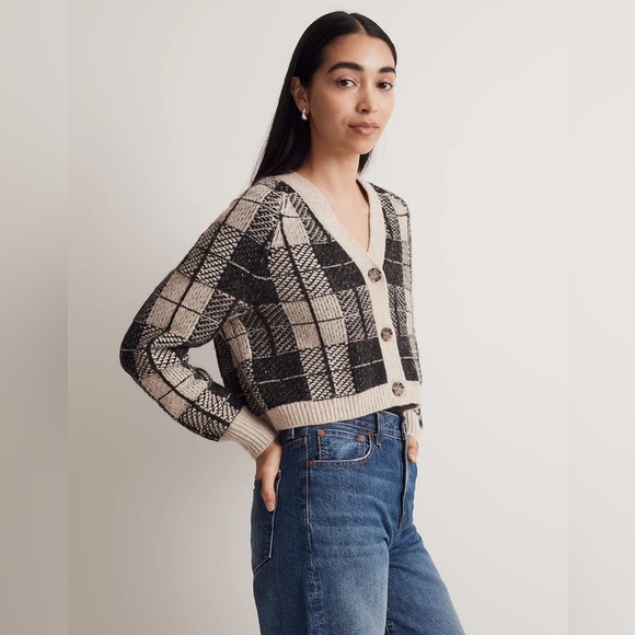 Madewell Sweaters - Madewell Button-Front Crop Cardigan in Plaid Merino Wool, Alpaca Blend $118